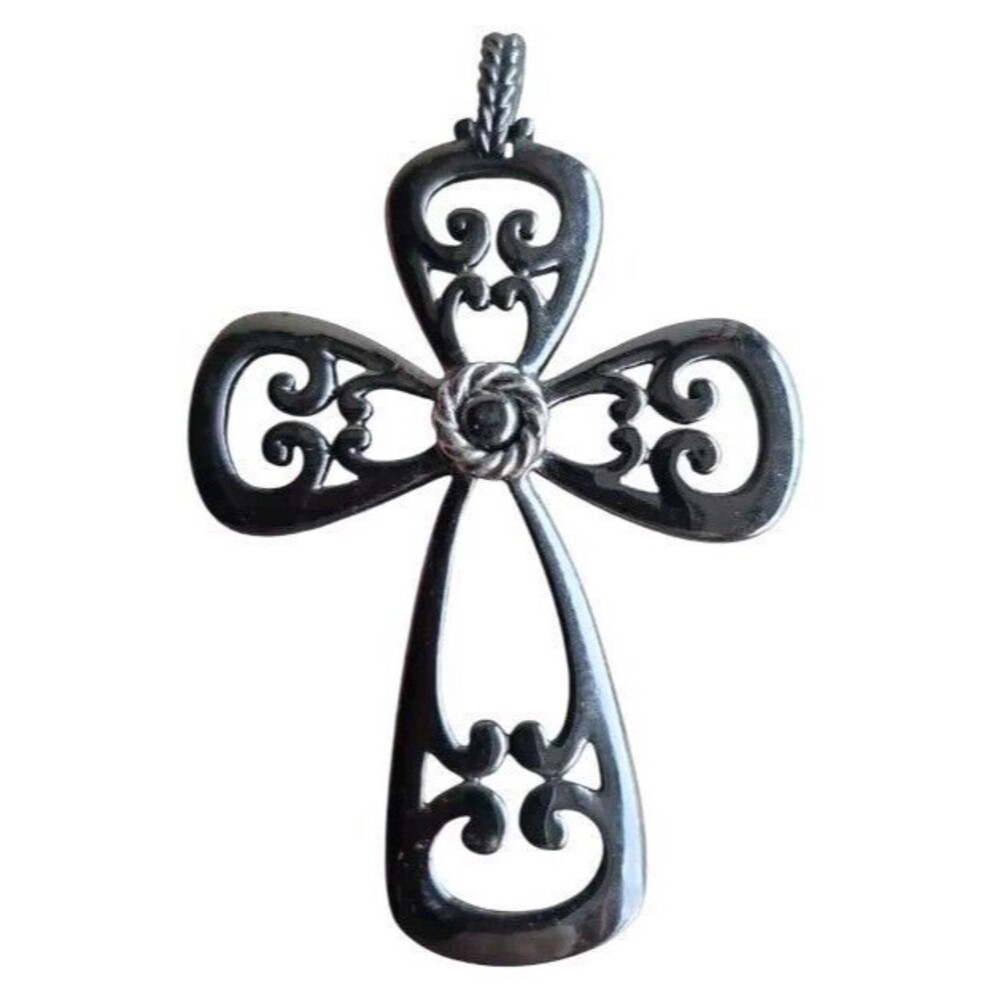 Vintage Sarah Coventry Cross Pendant Gunmetal Silver Signed Jewelry Religious
